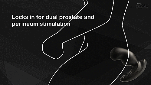 GIF showcases the Nexus Ride Extreme being slid into a body, instantly targeting the prostate as soon as it makes it in. The toy is VERY large. The text on the GIF reads "Locks in for dual prostate and perineum stimulation" | Kinkly Shop