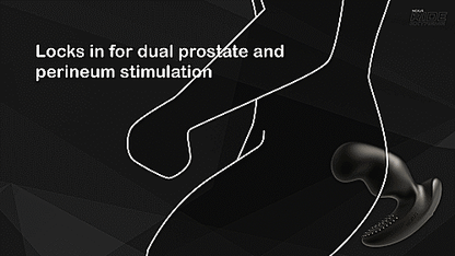 GIF showcases the Nexus Ride Extreme being slid into a body, instantly targeting the prostate as soon as it makes it in. The toy is VERY large. The text on the GIF reads "Locks in for dual prostate and perineum stimulation" | Kinkly Shop
