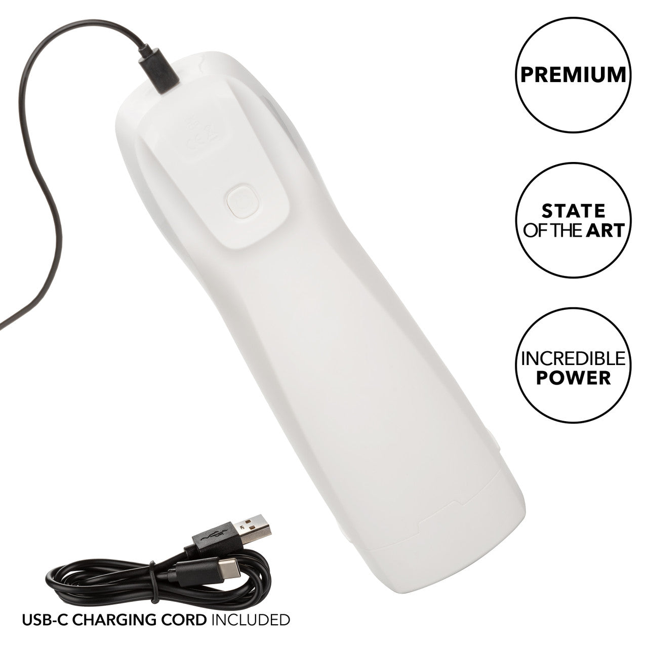 The Optimum Power Lifelike Pulsar shown plugged into the charging cable. Text on the image reads: Premium, State of the art, Incredible power, USB-C charging cord included. | Kinkly Shop