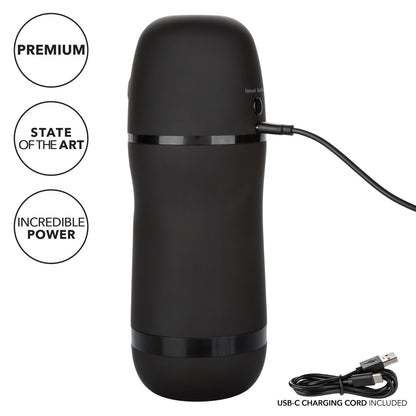 The Optimum Power Pulsar Stroker plugged into the charging cable. Text on the image reads: "Premium, State of the Art, Incredible power" | Kinkly Shop