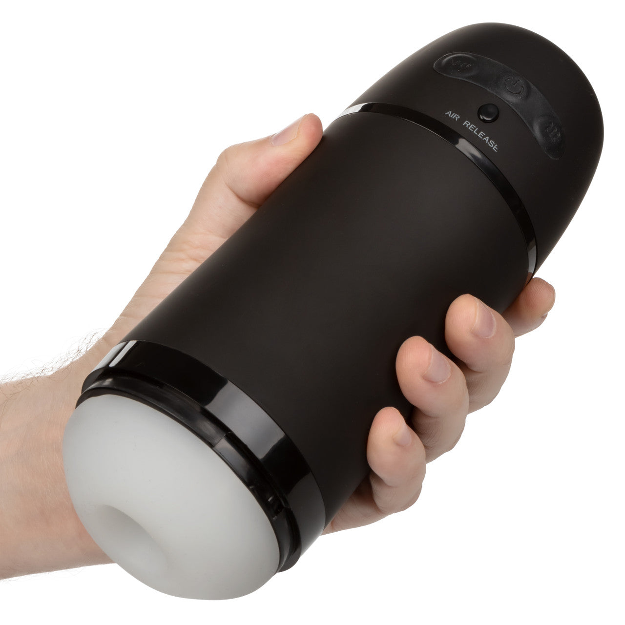 A hand holds the Optimum Power Pulsar Stroker. The stroker is surprisingly large within the person's hand to house all of the functionality of the stroker. | Kinkly Shop