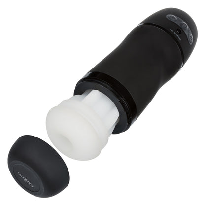 The Optimum Power Pulsar Stroker TPE sleeve partially pulled out from the exterior plastic case, showcasing the removable TPE sleeve design that makes for easier cleaning. | Kinkly Shop