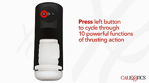 GIF showcases the up-and-down thrusting motion of the stroker inside of the Optimum Power Vibrating & Thruster Stroker. Text on the GIF reads: "Press left button to cycle through 10 powerful functions of thrusting action" | Kinkly Shop
