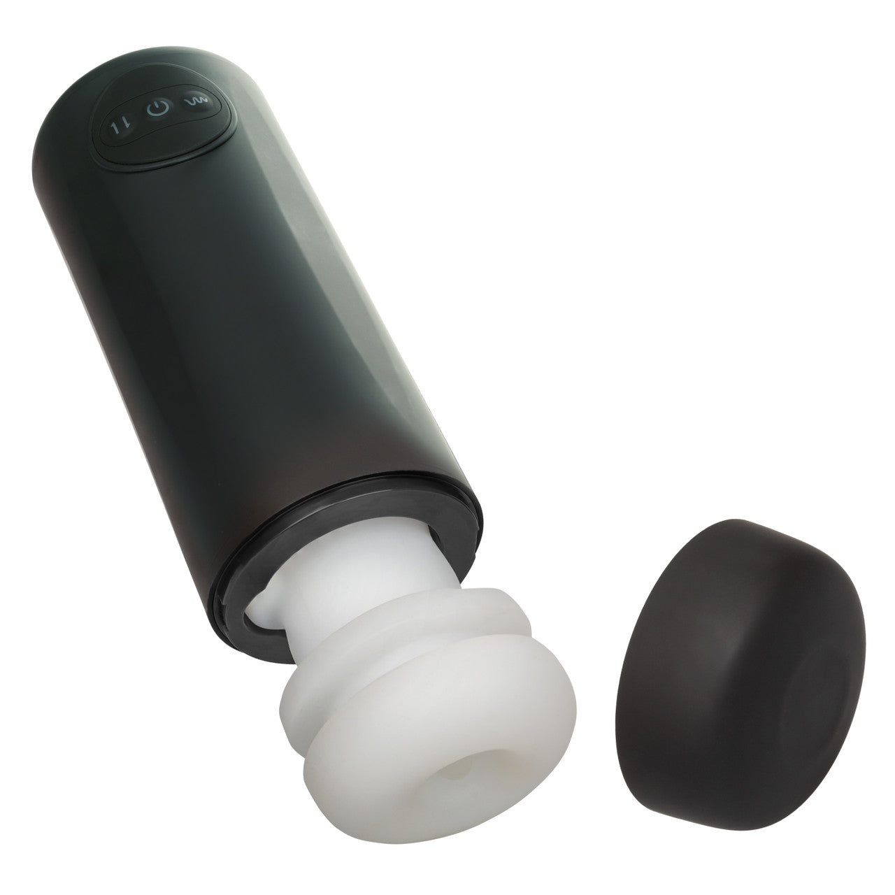 The exterior plastic case of the Optimum Power Vibrating & Thruster Stroker shown opened up. The internal TPE is partially pulled out, showcasing it comes out of the plastic exterior. | Kinkly Shop
