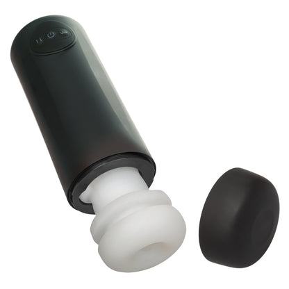 The exterior plastic case of the Optimum Power Vibrating & Thruster Stroker shown opened up. The internal TPE is partially pulled out, showcasing it comes out of the plastic exterior. | Kinkly Shop