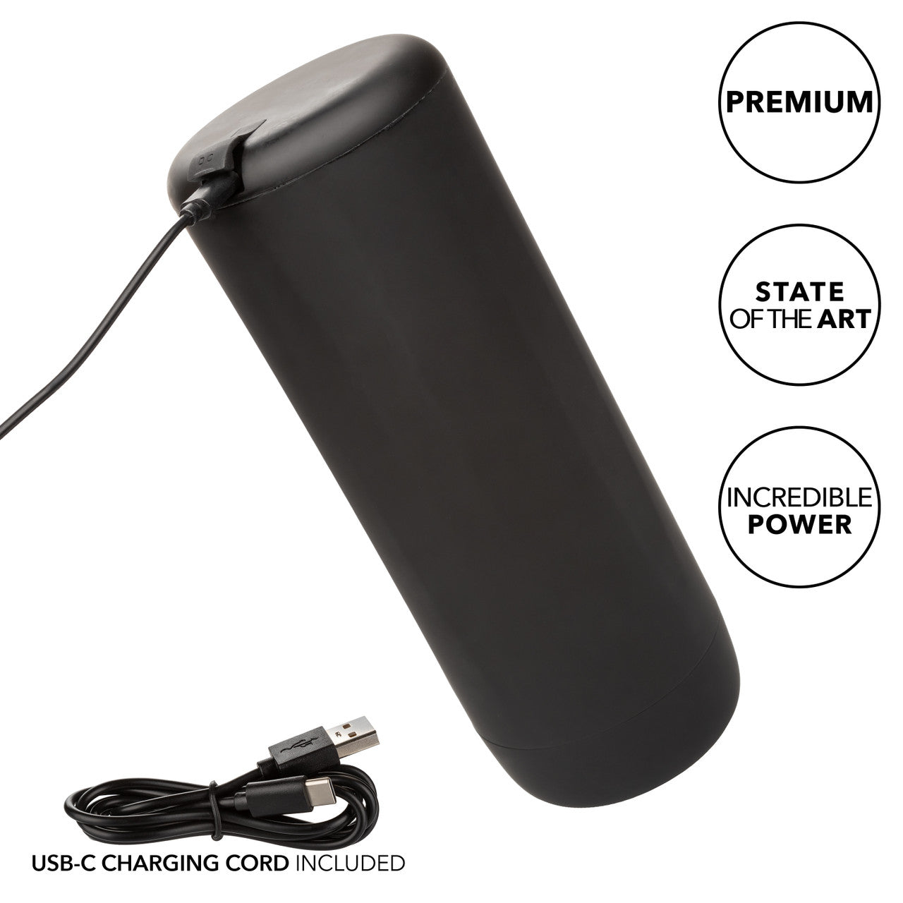 The Optimum Power Vibrating & Thruster Stroker shown plugged into the charging cable. Text on the image reads: "Premium, State of the Art, Incredible Power, USB-C charging cord included" | Kinkly Shop