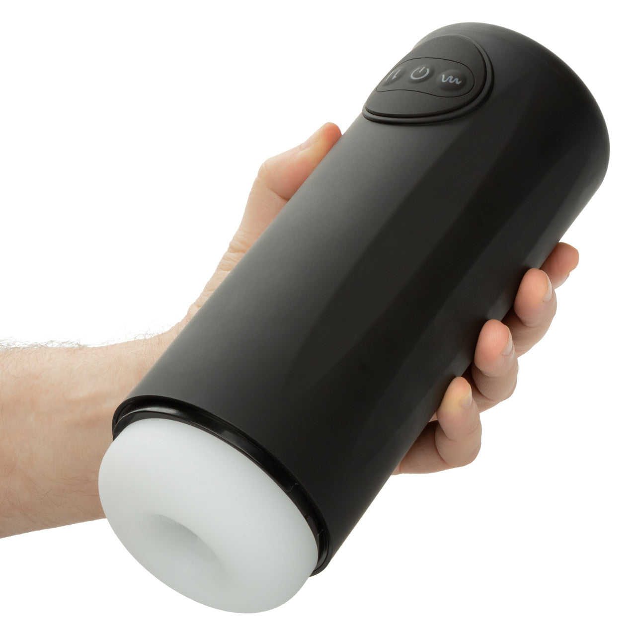 A hand holds the Optimum Power Vibrating & Thruster Stroker. The stroker is noticeably larger than the person's gripping hand. It's a large stroker. | Kinkly Shop