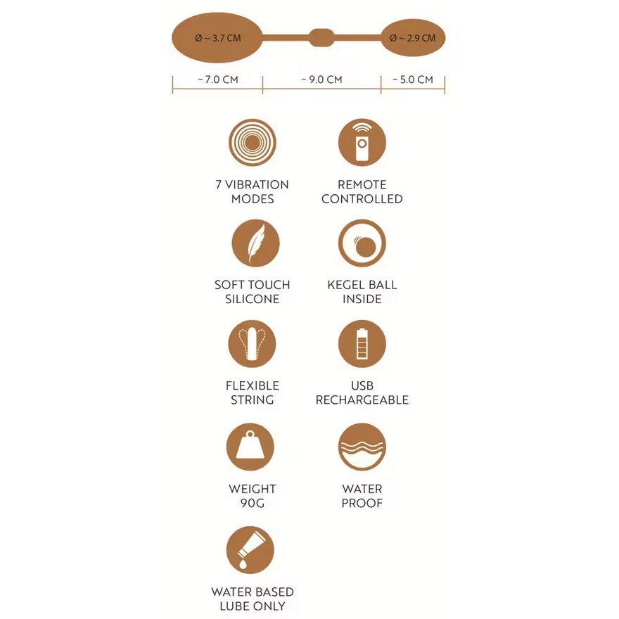 A text image recounts all the features of the GoGasm Vibrating Pussy & Ass Balls. Text reads: 7 Vibration Modes, Remote Controlled, Soft Touch Silicone, Kegel Ball Inside, Flexible String, USB Rechargeable, Weight: 90g, Waterproof, Water-Based Lube Only. | Kinkly Shop