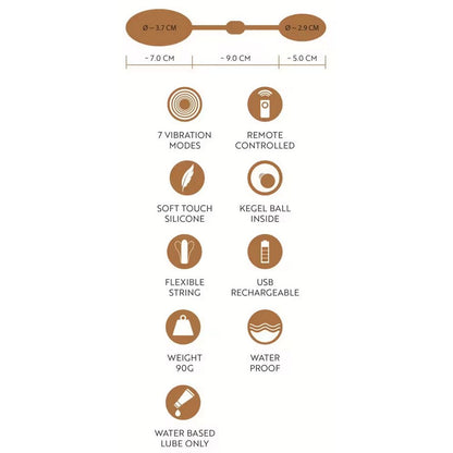 A text image recounts all the features of the GoGasm Vibrating Pussy & Ass Balls. Text reads: 7 Vibration Modes, Remote Controlled, Soft Touch Silicone, Kegel Ball Inside, Flexible String, USB Rechargeable, Weight: 90g, Waterproof, Water-Based Lube Only. | Kinkly Shop