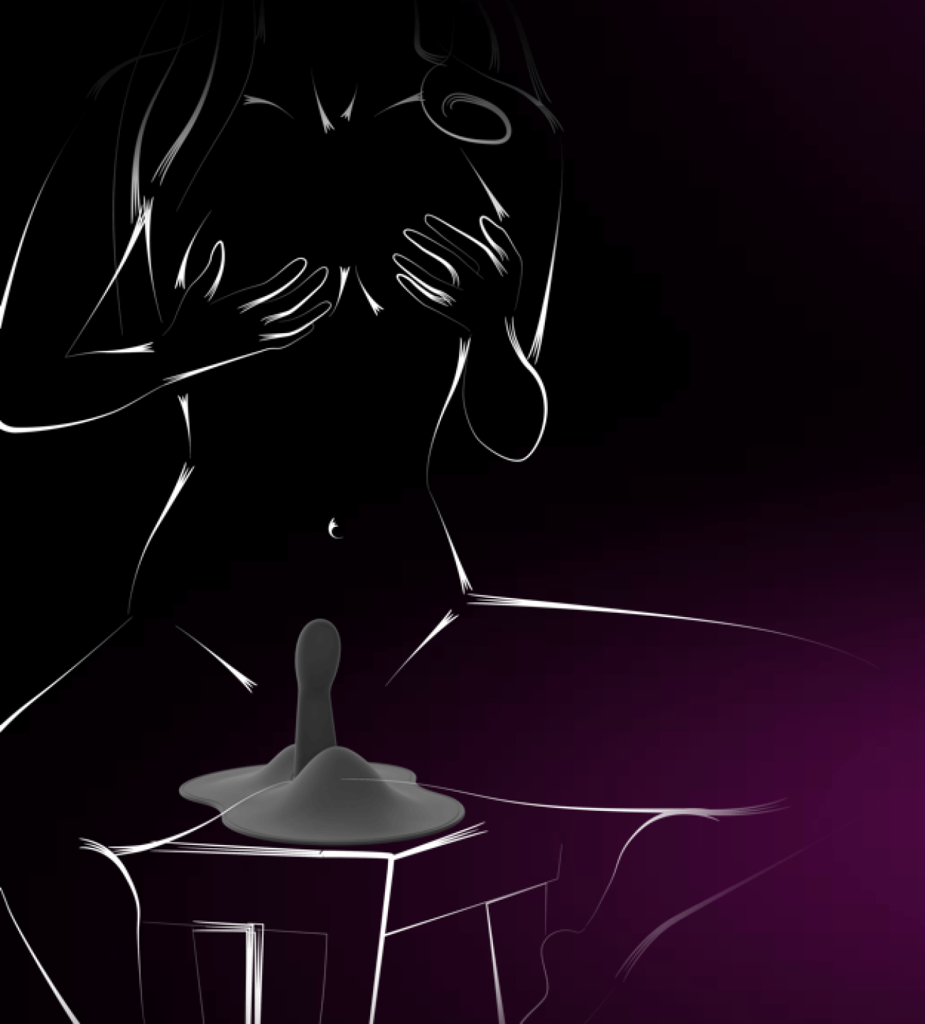 An illustration of a naked person is sitting on top of the Orion VibePad 3 while it rests on top of a chair. The g-spot dildo reaches deep inside them while they're seated. | Kinkly Shop
