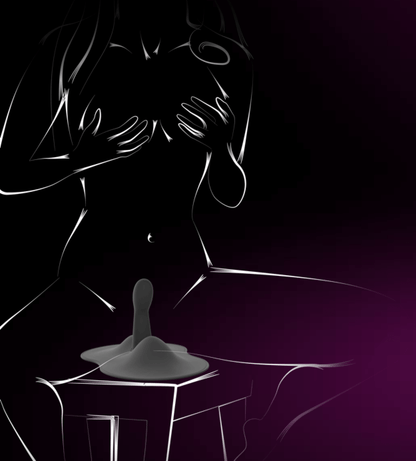 An illustration of a naked person is sitting on top of the Orion VibePad 3 while it rests on top of a chair. The g-spot dildo reaches deep inside them while they're seated. | Kinkly Shop