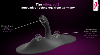 Promotional image from Orion showcases the design of the Orion VibePad 3 and where the three motors are placed. Text on the image reads: "The Vibepad 3. Innovative technology from Germany. Flexible G-Spot Vibrator with perfectly curved tip. 7 whisper-quiet vibration modes for discreet and customized pleasure." | Kinkly Shop