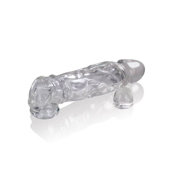 The Oxballs Butch for Shorter Shafts sitting out in front of an Adjust-Fit insert that can be slid inside of the extender's interior chamber to shorten the "usable" room of the extender to work for even more shaft sizes. | Kinkly Shop