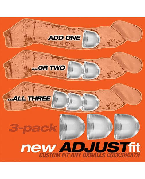 An illustration showing how the Oxballs AdjustFit Inserts work. It shows that you can use one, two, or three of the inserts inside your Oxballs extender to make the extender fit better. | Kinkly Shop