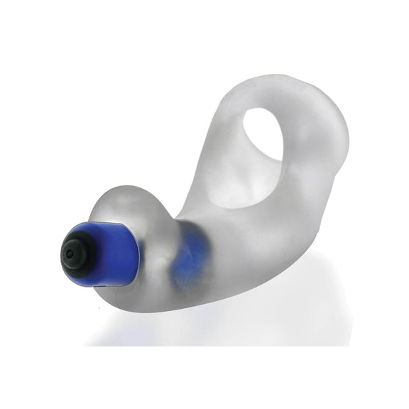 The Oxballs Buzzfuck Taint Vibrator in Clear Ice. This angle showcases the removable bullet vibrator slid inside the toy. There are three holes that can be viewed at the base of the toy. The cock ring itself looks plushy and soft. | Kinkly Shop