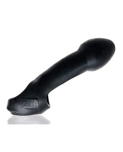 Side view of the Oxballs Double Thruster up against a white background. The head of the dildo is pronounced with a thinner shaft to fit alongside a biological penis. It is in a jet black, midnight color. | Kinkly Shop