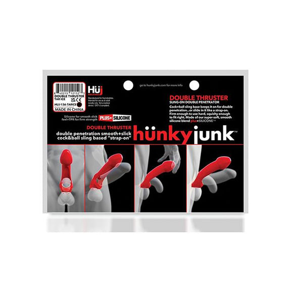 Illustration showing the Oxballs Double Thruster attached to a penis via illustration. It showcases the different ways the Oxballs Double Thruster can be used including strapping it alongside an erection, strapping it onto a flaccid penis, or strapping it onto a penis that changes hardness during play. | Kinkly Shop