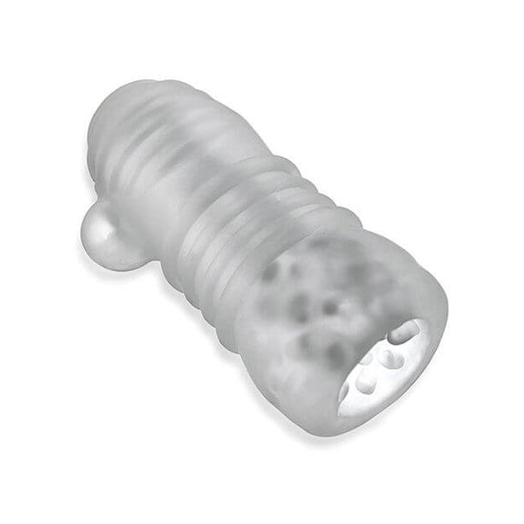 Top down view of the semi-translucent Oxballs Jack't stroker. This showcases the protruding nubbed texture near the entrance of the stroker that transitions into a thick, ribbing through the rest of the stroker. The stretchy finger hole on one side of the stroker can also be viewed to make it easier to keep ahold of this stroker during use. | Kinkly Shop