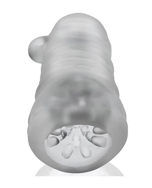 Angled view of the Oxballs Jack't stroker. This helps showcase the semi-translucent material of the stroker. It would be possible to see a penis sliding in and out of the Oxballs Jack't stroker through the material of the stroker. | Kinkly Shop