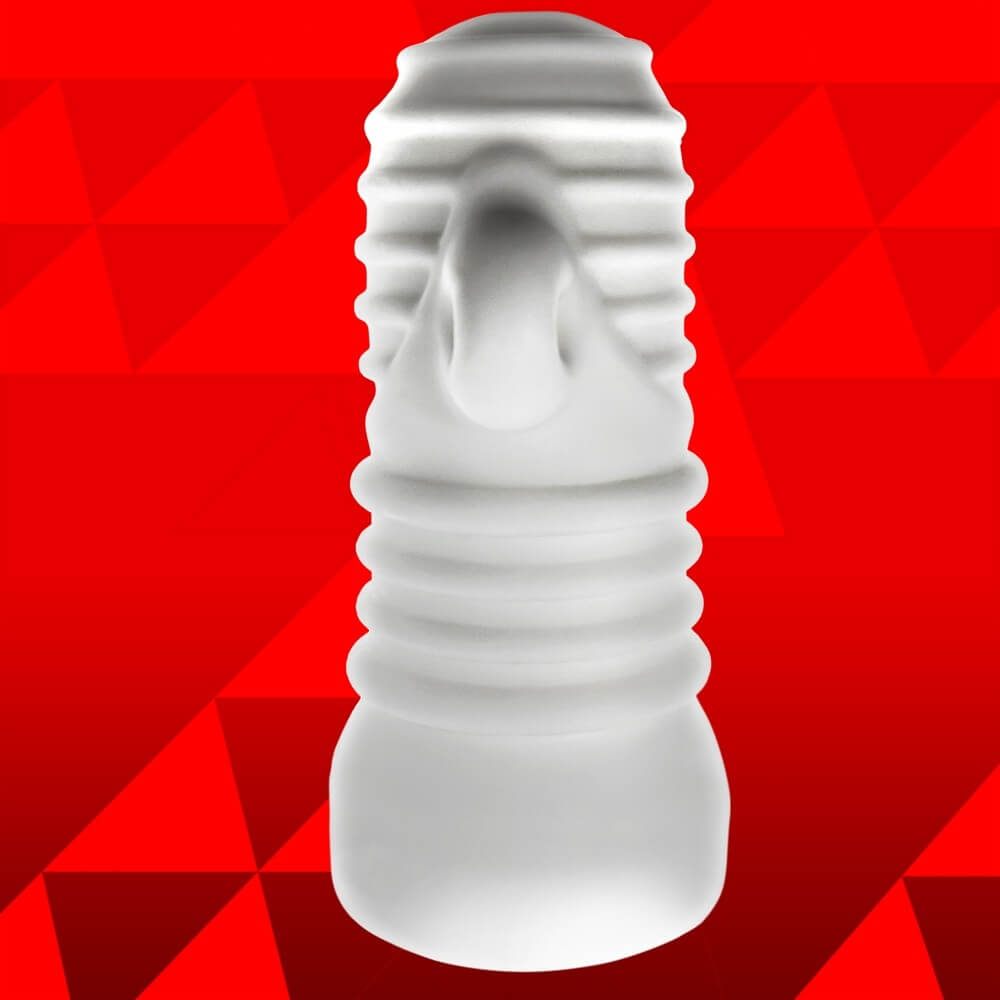 The Oxballs Jack't stroker up against a red background. This side view of the toy really displays all of the pronounced ribbing along the entire external surface of the toy, designed to make it easier to hold with a slippery hand. | Kinkly Shop