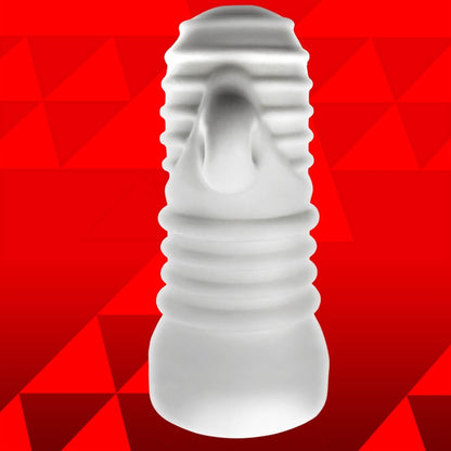 The Oxballs Jack't stroker up against a red background. This side view of the toy really displays all of the pronounced ribbing along the entire external surface of the toy, designed to make it easier to hold with a slippery hand. | Kinkly Shop