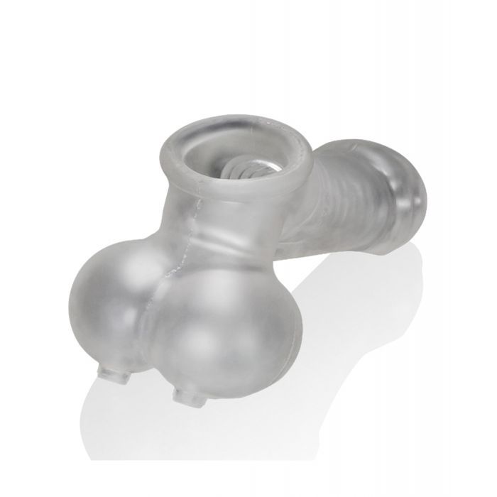 Close-up of the base of the Oxballs Sackjack. There is an opening underneath each one of the testicle "balls" to allow drainage without allowing the testes to escape. | Kinkly Shop