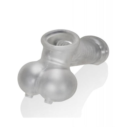 Close-up of the base of the Oxballs Sackjack. There is an opening underneath each one of the testicle "balls" to allow drainage without allowing the testes to escape. | Kinkly Shop