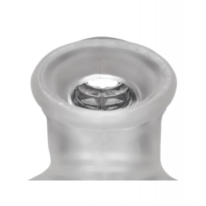 Close-up looks down the entrance hole of the Oxballs Sackjack to showcase the ribbing ridges that run throughout the entire length of the toy. The ridges look pretty pronounced for a pleasurable texture during wear. | Kinkly Shop