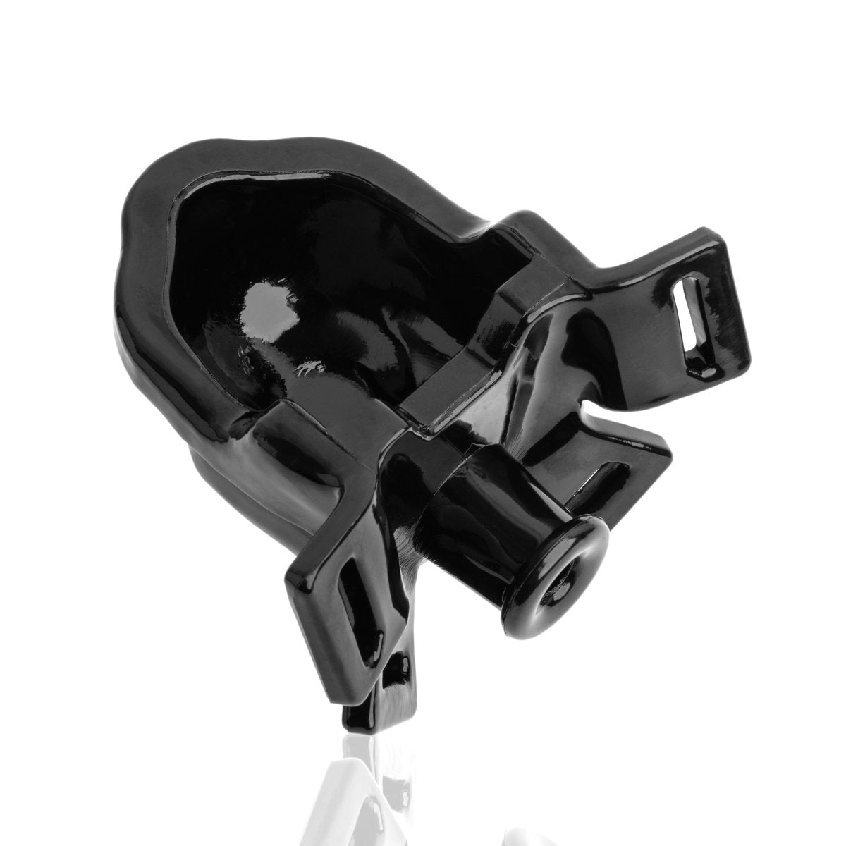 Close-up of the trough portion of the gag. This internal view showcases the hollow tube that leads into the wearer's mouth to drain the liquid. | Kinkly Shop