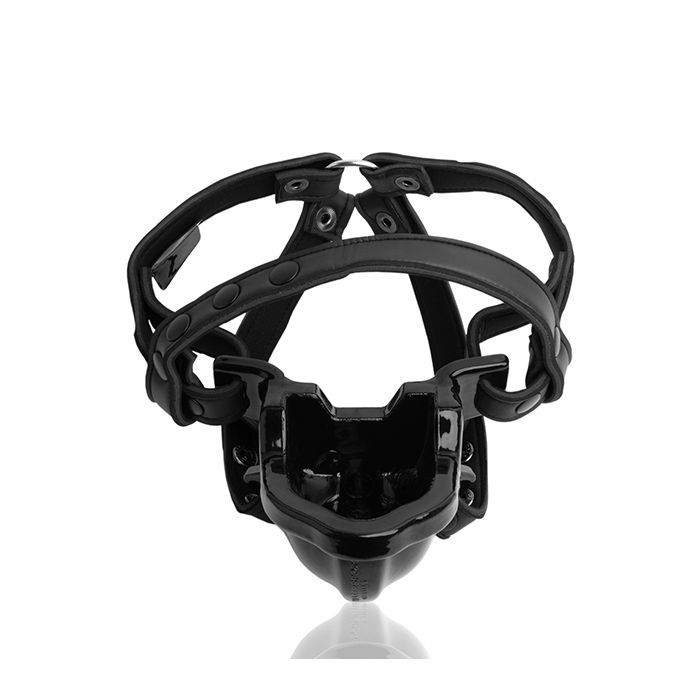 Close-up on the harness of the Oxballs Watersports Gag showcases the different straps that hold the trough in place. The straps have buttons to adjust the length, and they're made from a shiny neoprene material that's washable for the task at hand. | Kinkly Shop