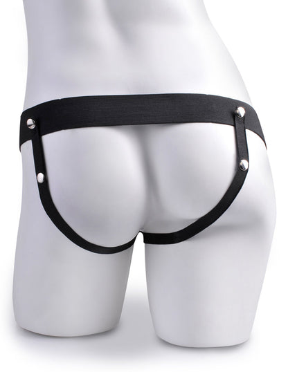 Back-side of the harness as it's worn on a mannequin. It's a jock-style harness with two straps that run underneath the butt cheeks. | Kinkly Shop