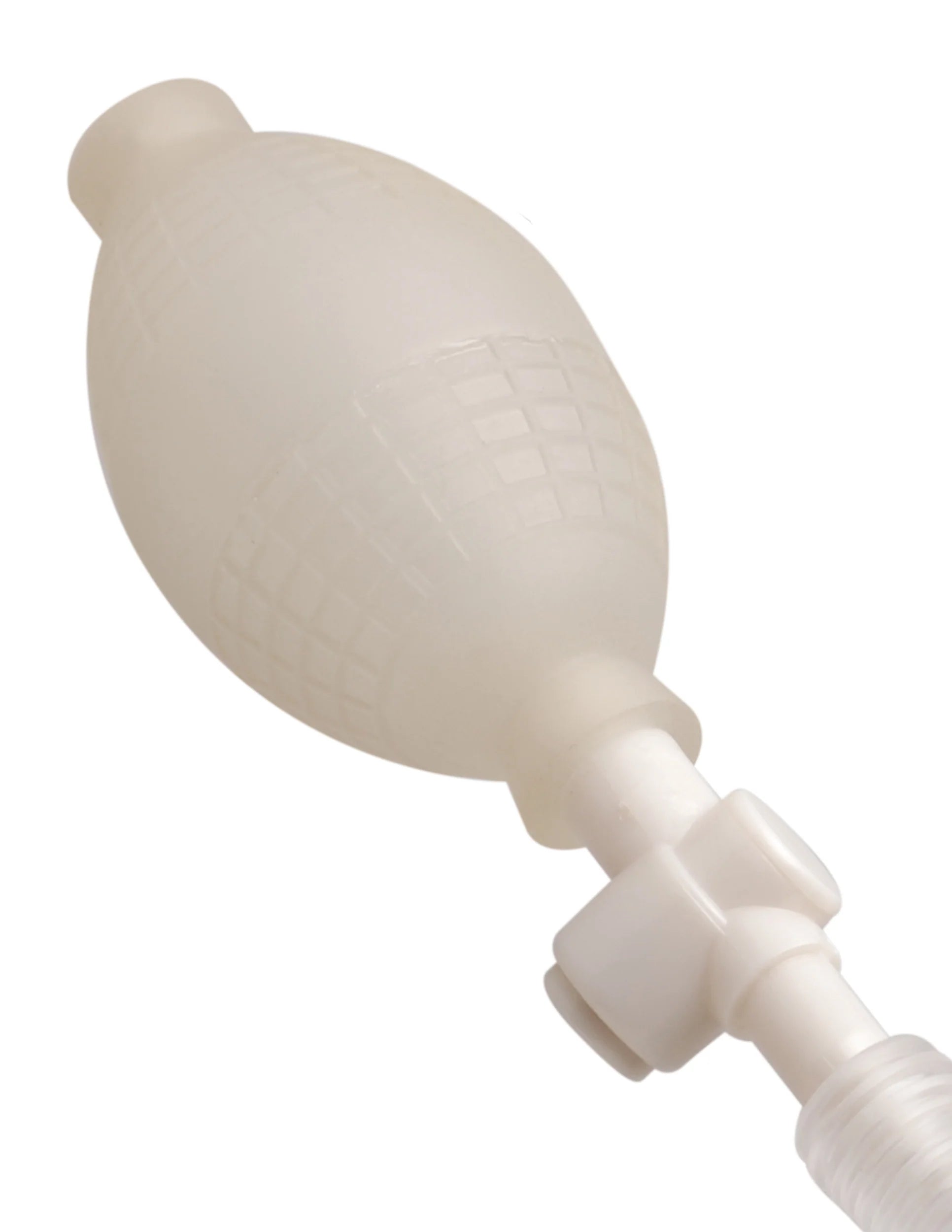 Close-up on the inflation bulb at the end of the tubing of the Beginner's Power Pump. | Kinkly Shop