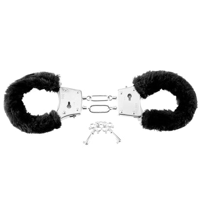 The Beginner's Furry Cuffs in Black shown next to the silver-matching keys. | Kinkly Shop