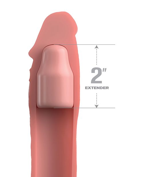 Cross-section of the inside of the X-Tensions Elite 6" Extension. This showcases the hollow interior of the strap-on extender, shown with the 2" Extender piece pushed at the tip of the hollow channel to make the extender work for a wider range of sizes. | Kinkly Shop