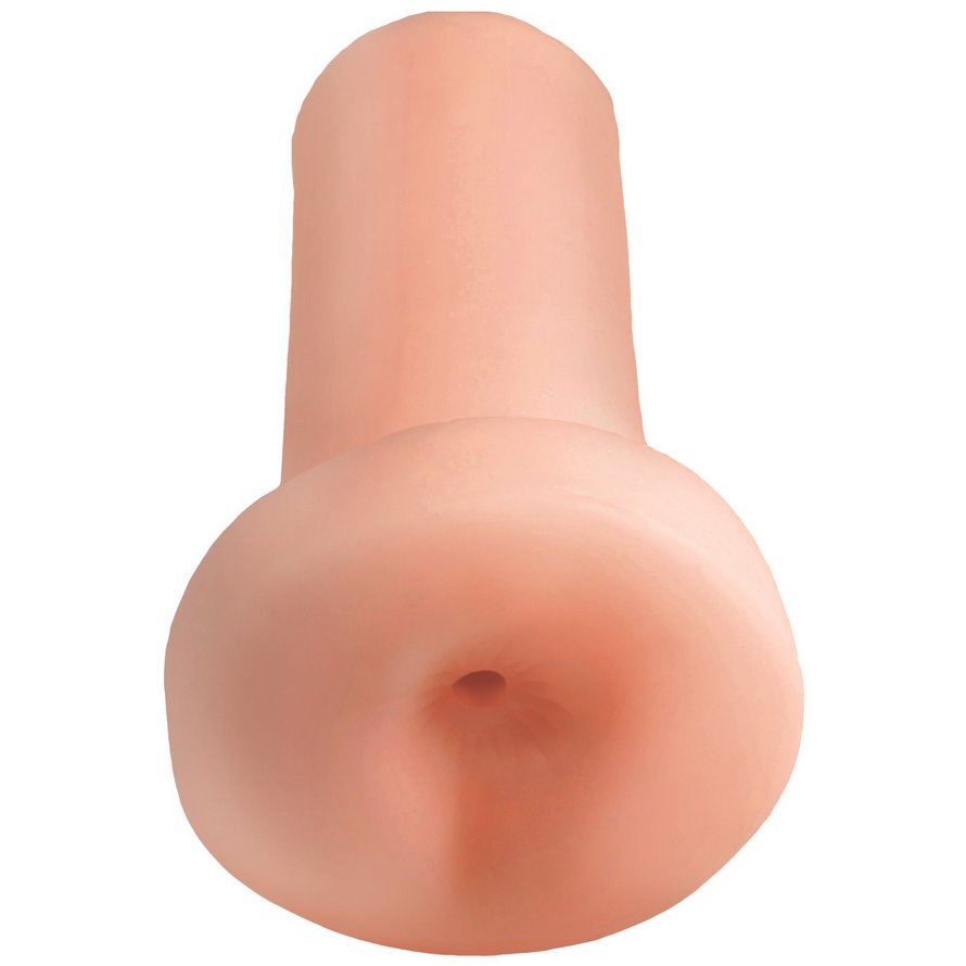 PDX Extreme Freshman Fuckslut in front of a plain white background. It's a very basic stroker with a plain, untextured length and a very lightly detailed anal entrance. | Kinkly Shop