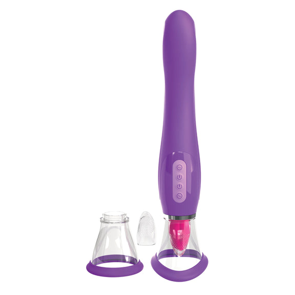 The Fantasy for Her Ultimate Pleasure shown next to everything that comes with it. There's another pussy pump cup as well as another tongue cover. | Kinkly Shop