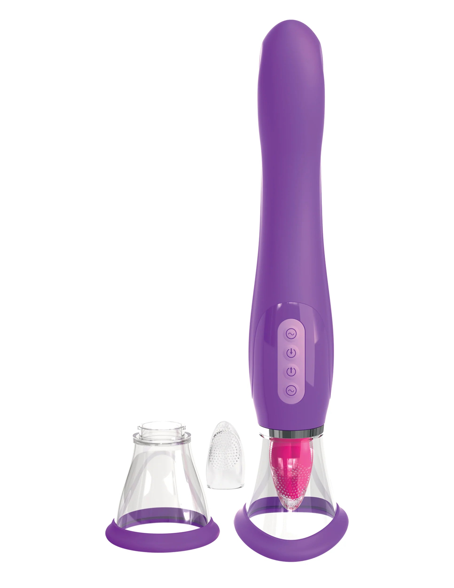 The Fantasy for Her Ultimate Pleasure shown next to everything that comes with it. There's another pussy pump cup as well as another tongue cover. | Kinkly Shop