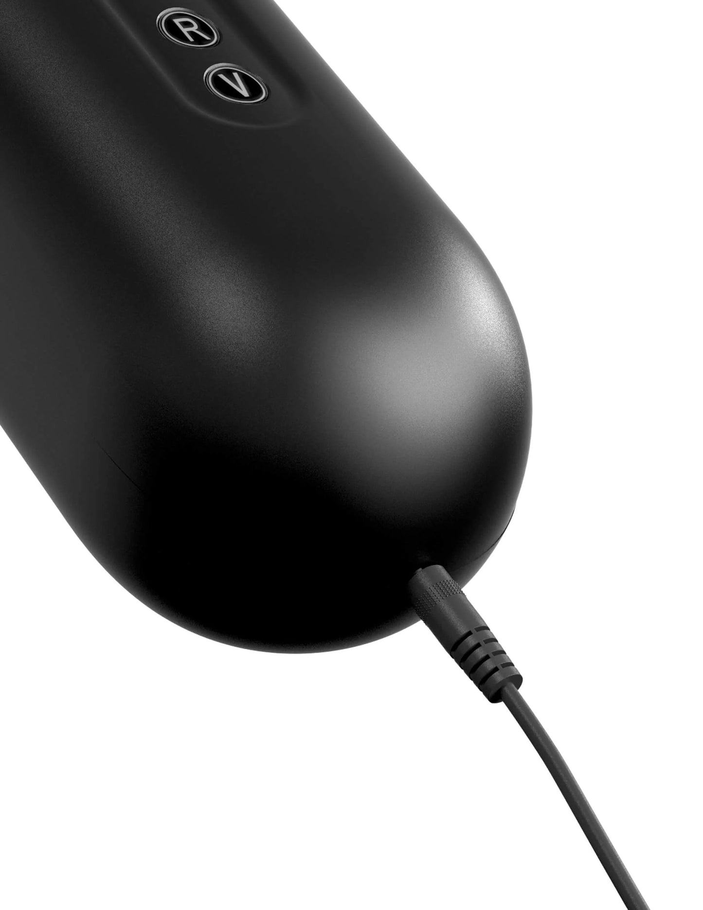 Close-up of the charging port of the PDX Elite Moto Blower at the base of the stroker with the charging cable plugged in | Kinkly