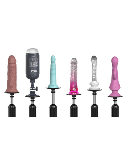 An arrangement of different dildos (none included) that can be used with the Body Dock Pro Suction-Cup Machine. It even shows a penis stroker with a suction cup mount that is fastened onto the sex machine for penis stroking. | Kinkly Shop
