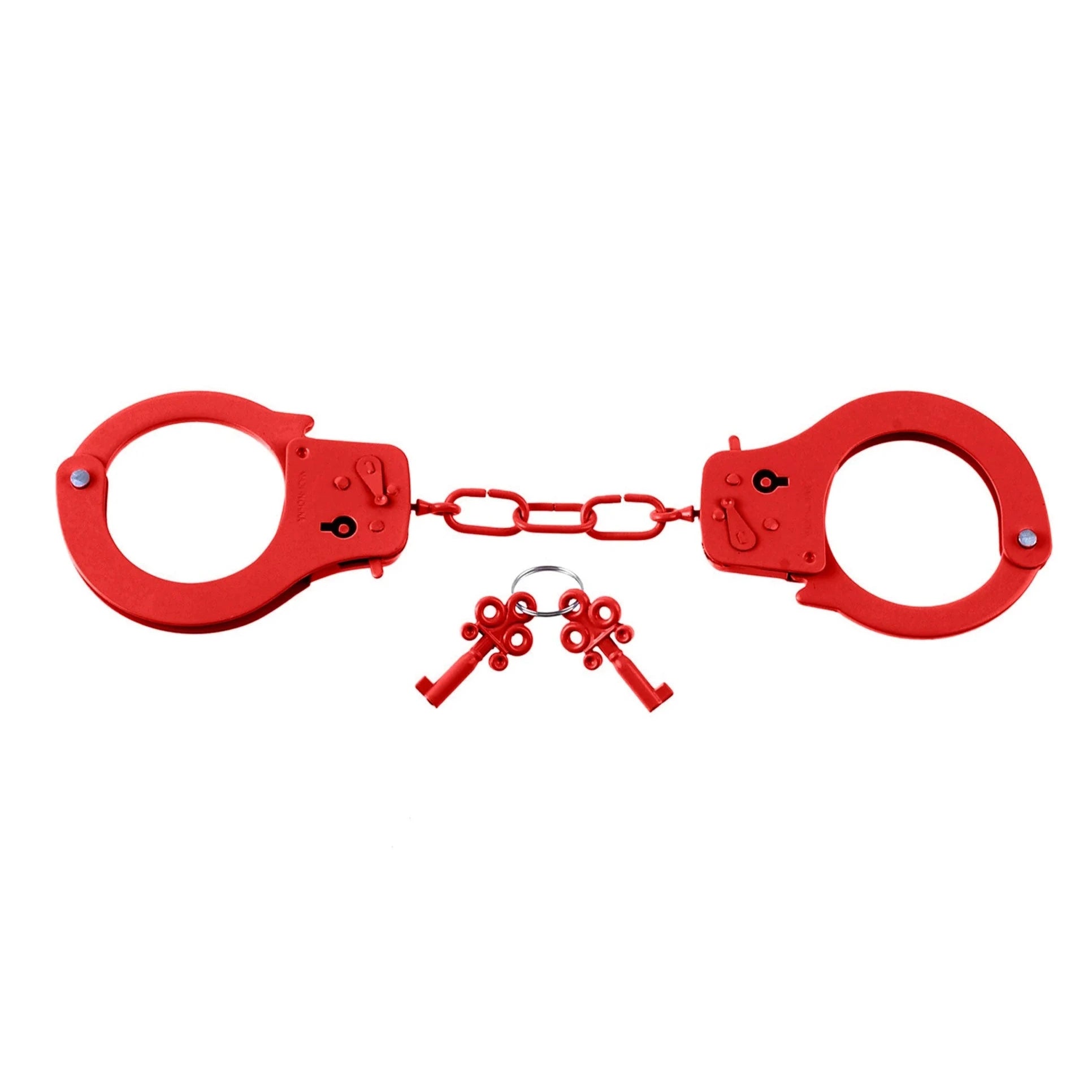 The Designer Cuffs in Red shown next to the pair of keys. The keys are also in a matching red color. | Kinkly Shop
