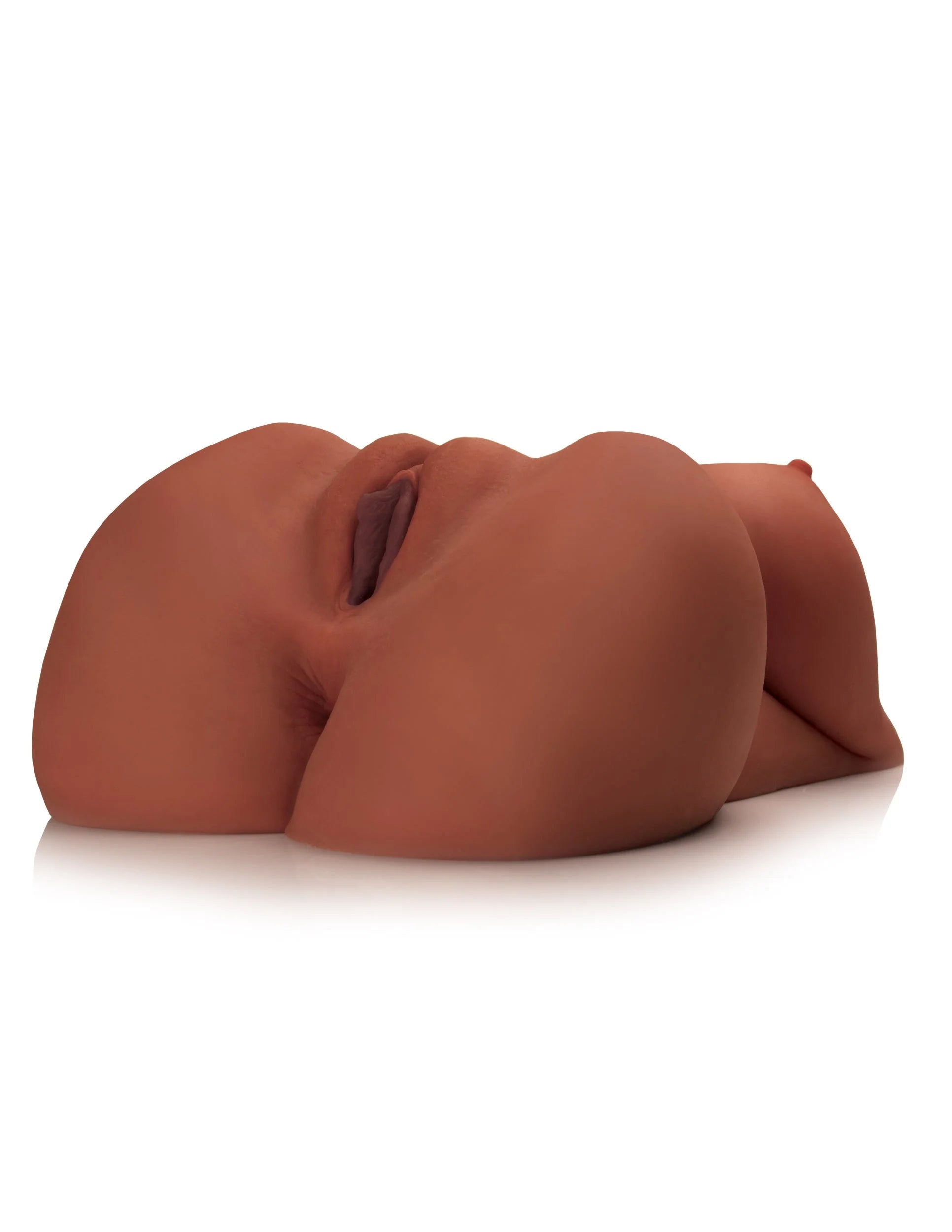 Close-up of the vulva on the EZ Bang Torso. The breasts are large enough and soft enough to be visible while still looking at a close-up of the vulva. | Kinkly Shop
