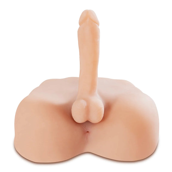 Close-up on the realistic dildo of the Fuck My Hard Cock. The dildo has round, textured balls with a circumsized head. It looks very long. | Kinkly Shop
