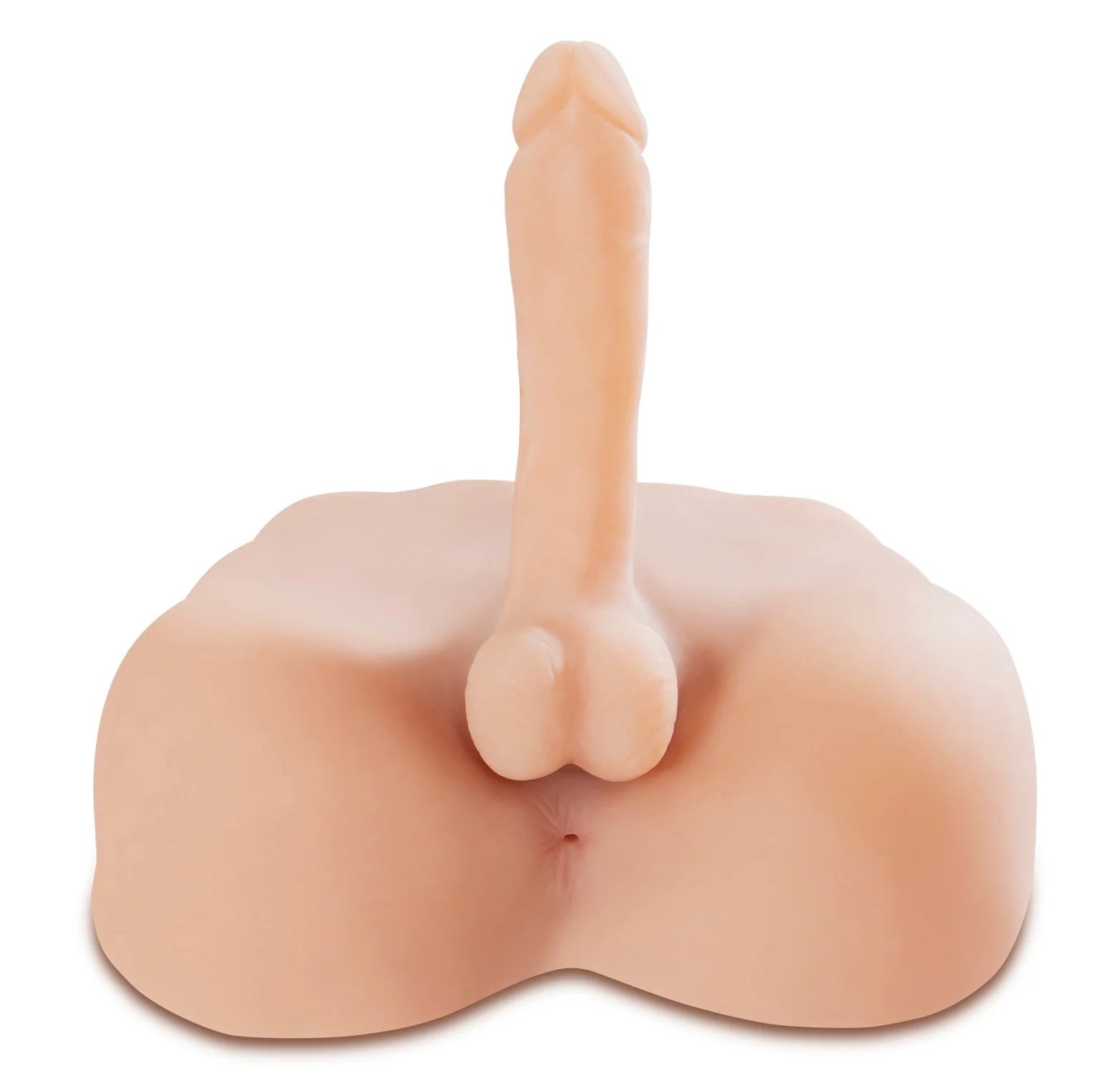 Close-up on the realistic dildo of the Fuck My Hard Cock. The dildo has round, textured balls with a circumsized head. It looks very long. | Kinkly Shop