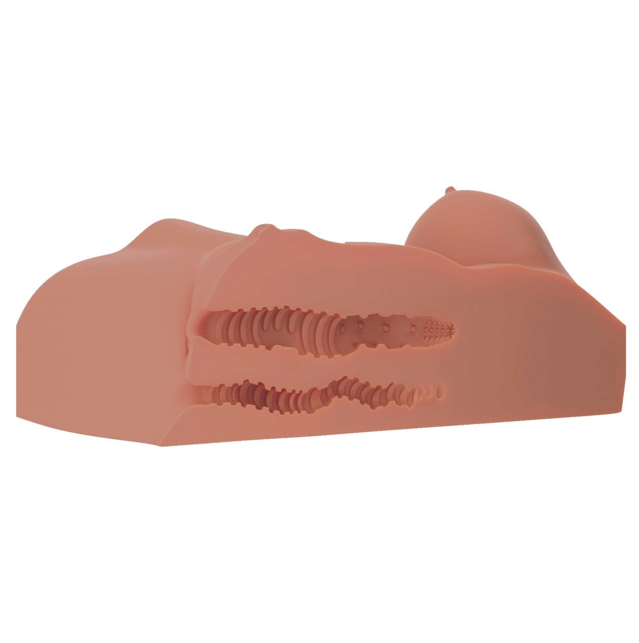 Cross-section of the Pipedream Perfect DD's Masturbator shows the two individual, internal tunnels inside of the stroker. The anal tunnel is much smaller in size, and the vaginal tunnel has a lot more variance in the texture throughout it. | Kinkly Shop