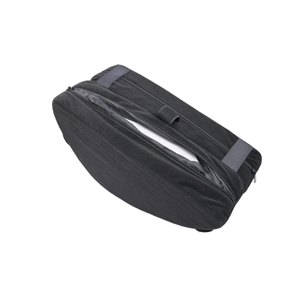 Shown flipped upside down, one of the covers of the Sportsheets Pivot Convertible Toy Mount is unzipped, showcasing how the cover can be unzipped for easier cleaning. | Kinkly Shop