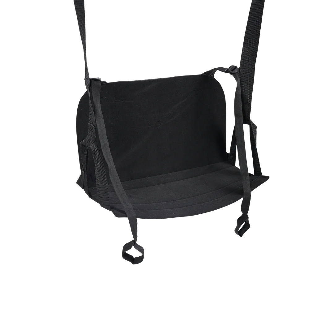 Close-up on the seat of the Sportsheets Pivot Deluxe Door Jam Sex Sling. It looks flexible and like it will easily fold under weight, but it looks much more comfortable than the standard strap-only design of most door jam slings. | Kinkly Shop