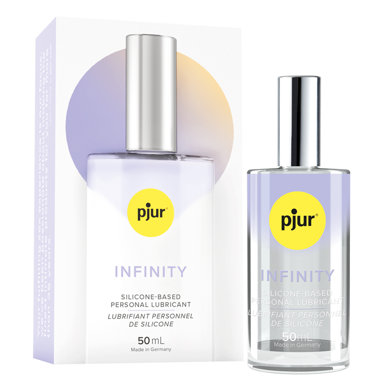 A bottle of Pjur Infinity Silicone lube sitting out next to the cardboard box that it comes packaged in. | Kinkly Shop