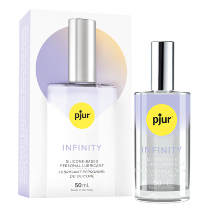 A bottle of Pjur Infinity Silicone lube sitting out next to the cardboard box that it comes packaged in. | Kinkly Shop