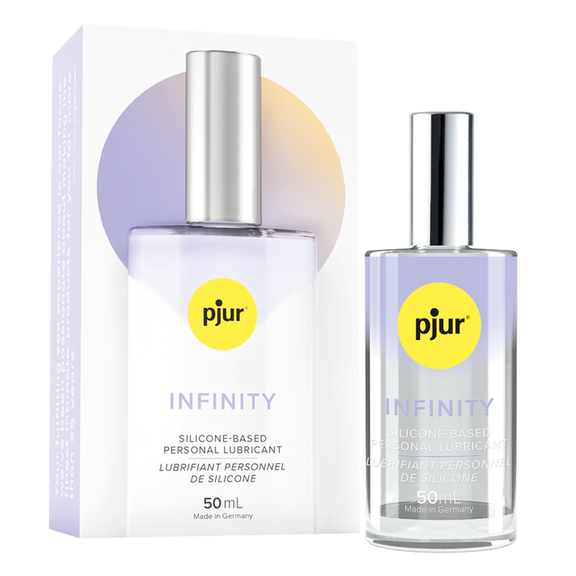 A bottle of Pjur Infinity Silicone lube sitting out next to the cardboard box that it comes packaged in. | Kinkly Shop