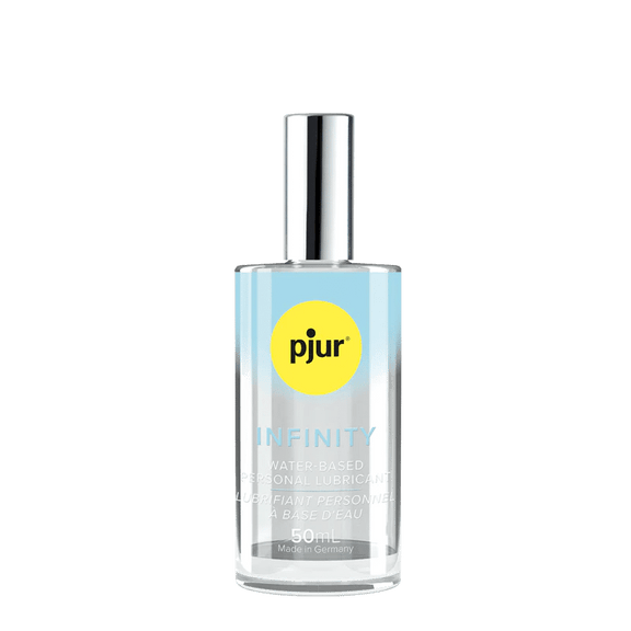 Pjur Infinity Water lube bottle in front of a transparent background. The bottle's clear design looks like it would be see-through. | Kinkly Shop